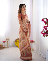 Ivory Handloom Cotton Saree with Maroon Borders, Floral Print & Royal Procession Pallu