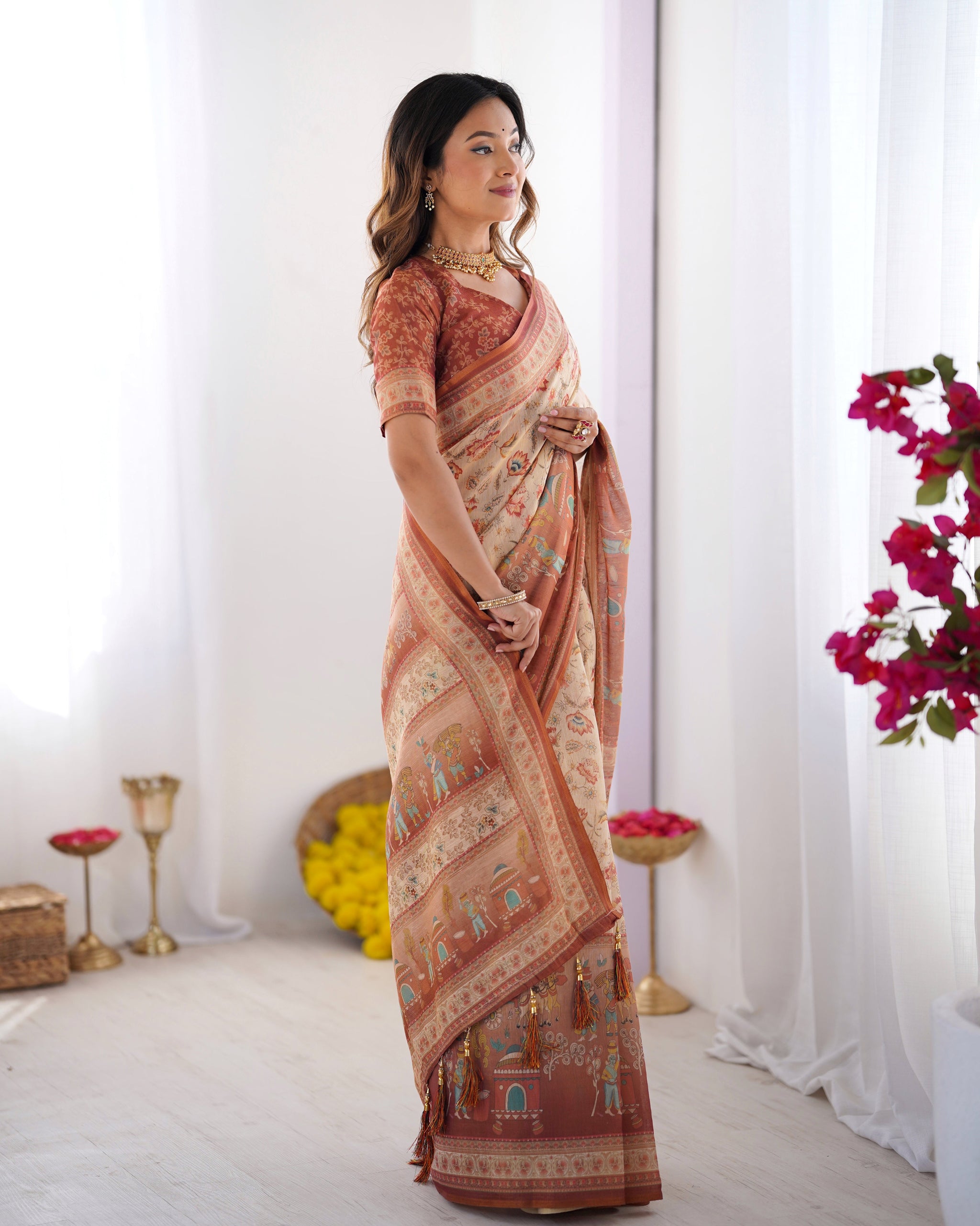 Ivory Handloom Cotton Saree with Maroon Borders, Floral Print & Royal Procession Pallu