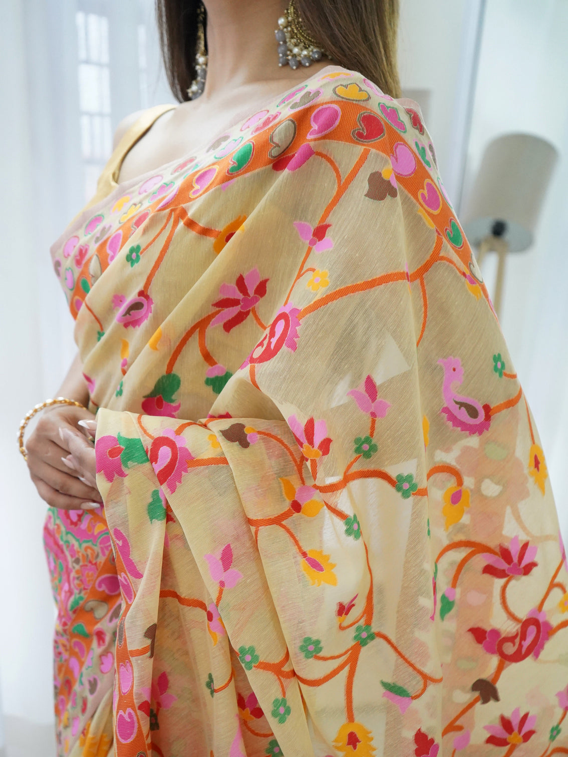 Kashmiri pashmina cotton kachhi work multi thrade saree