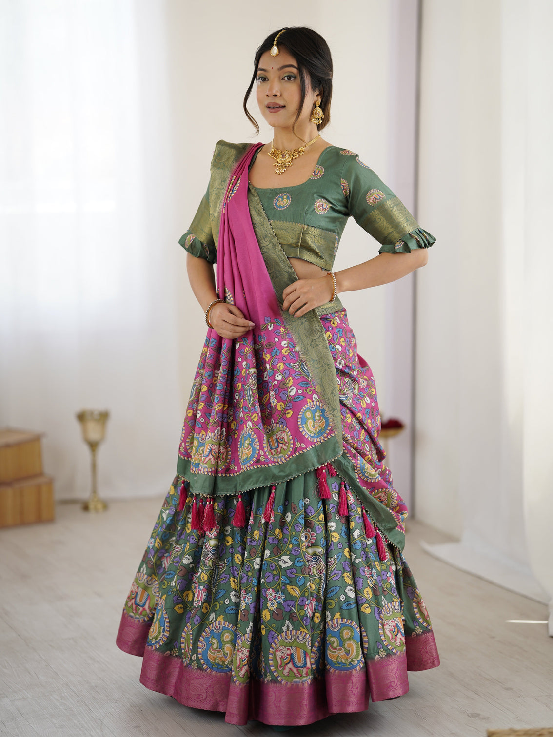 Green pink kalamkari tussar silk lehenga with zari border tassel dupatta festive wedding wear mameraa
