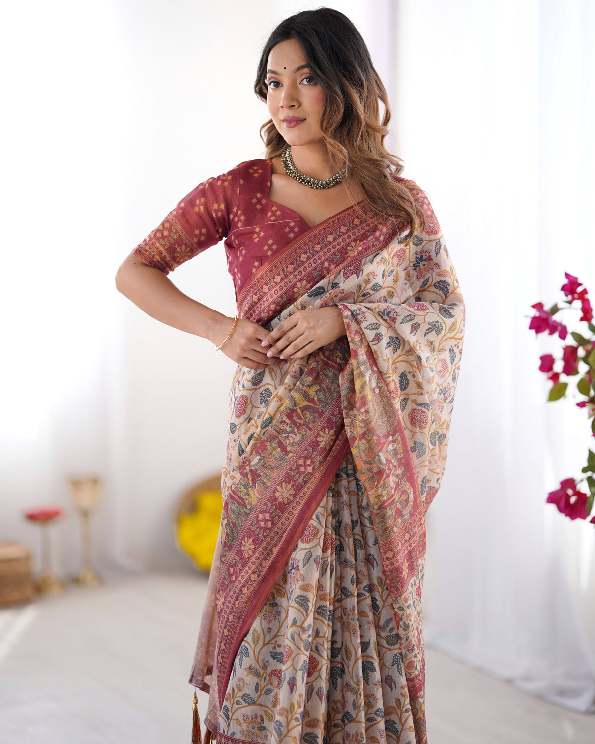 Handloom beige cotton saree with maroon blouse pomegranate floral print village tale pallu