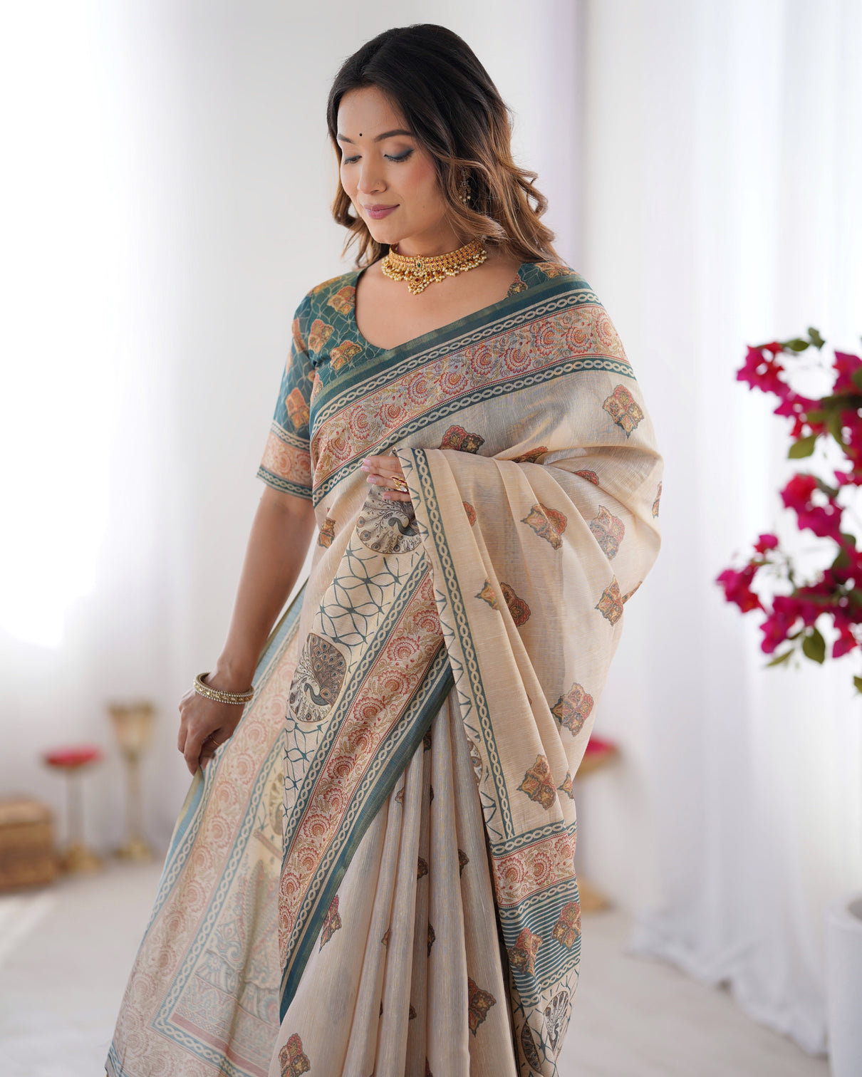Ivory teal handloom cotton saree with buti print mandala motifs peacock pallu