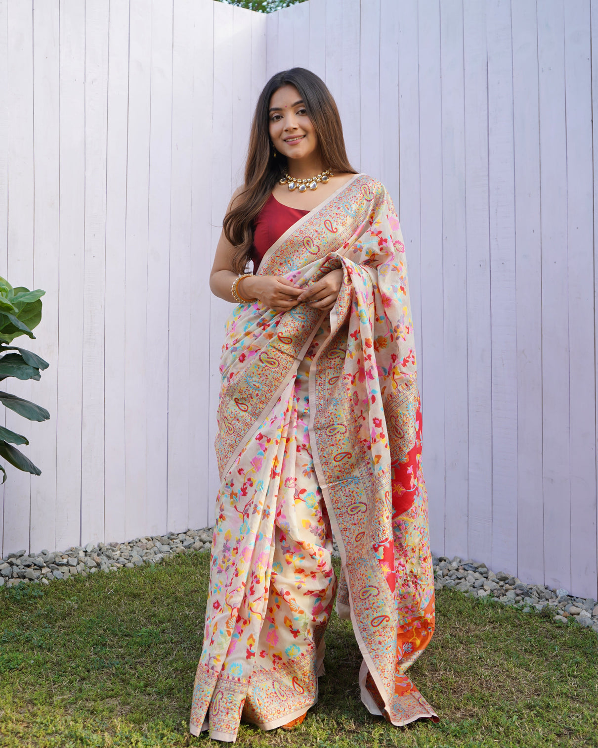 Kashmiri pashmina cotton kachhi work multi thrade saree