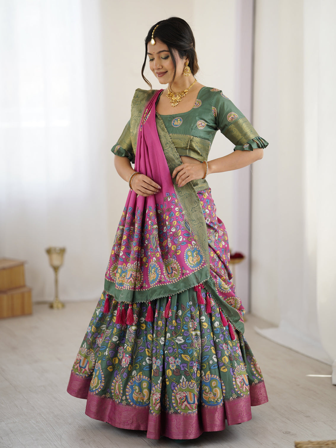 Green pink kalamkari tussar silk lehenga with zari border tassel dupatta festive wedding wear