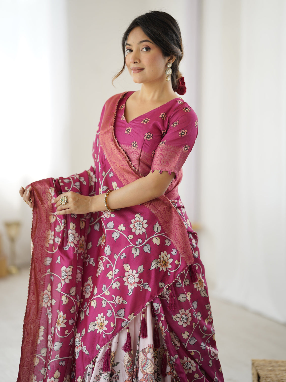 Magenta pink kalamkari lehenga with matching floral dupatta