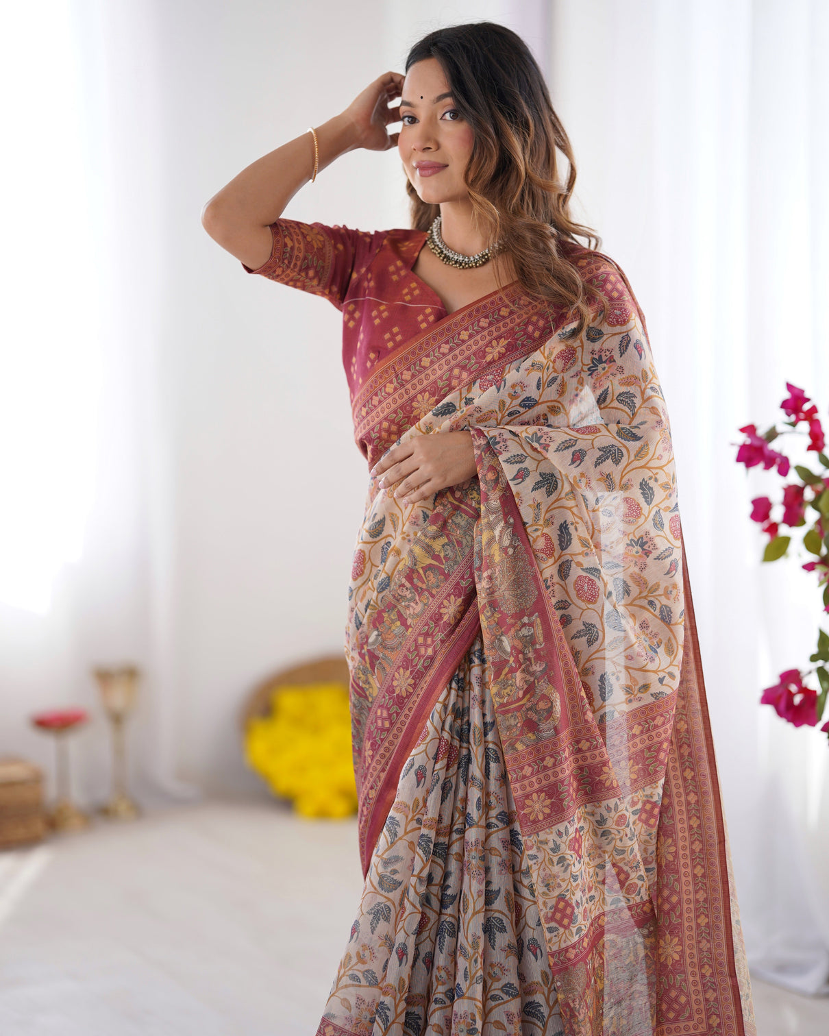 Handloom beige cotton saree with maroon blouse pomegranate floral print village tale pallu