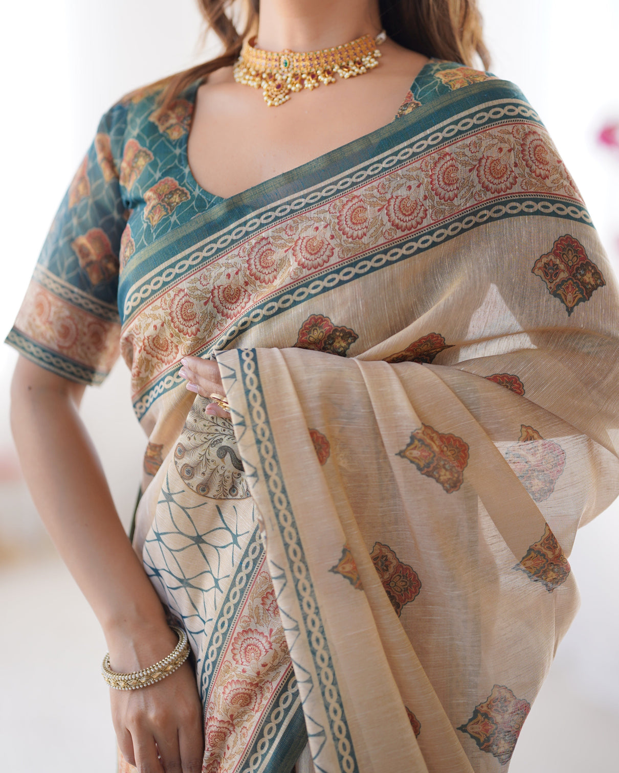Ivory teal handloom cotton saree with buti print mandala motifs peacock pallu