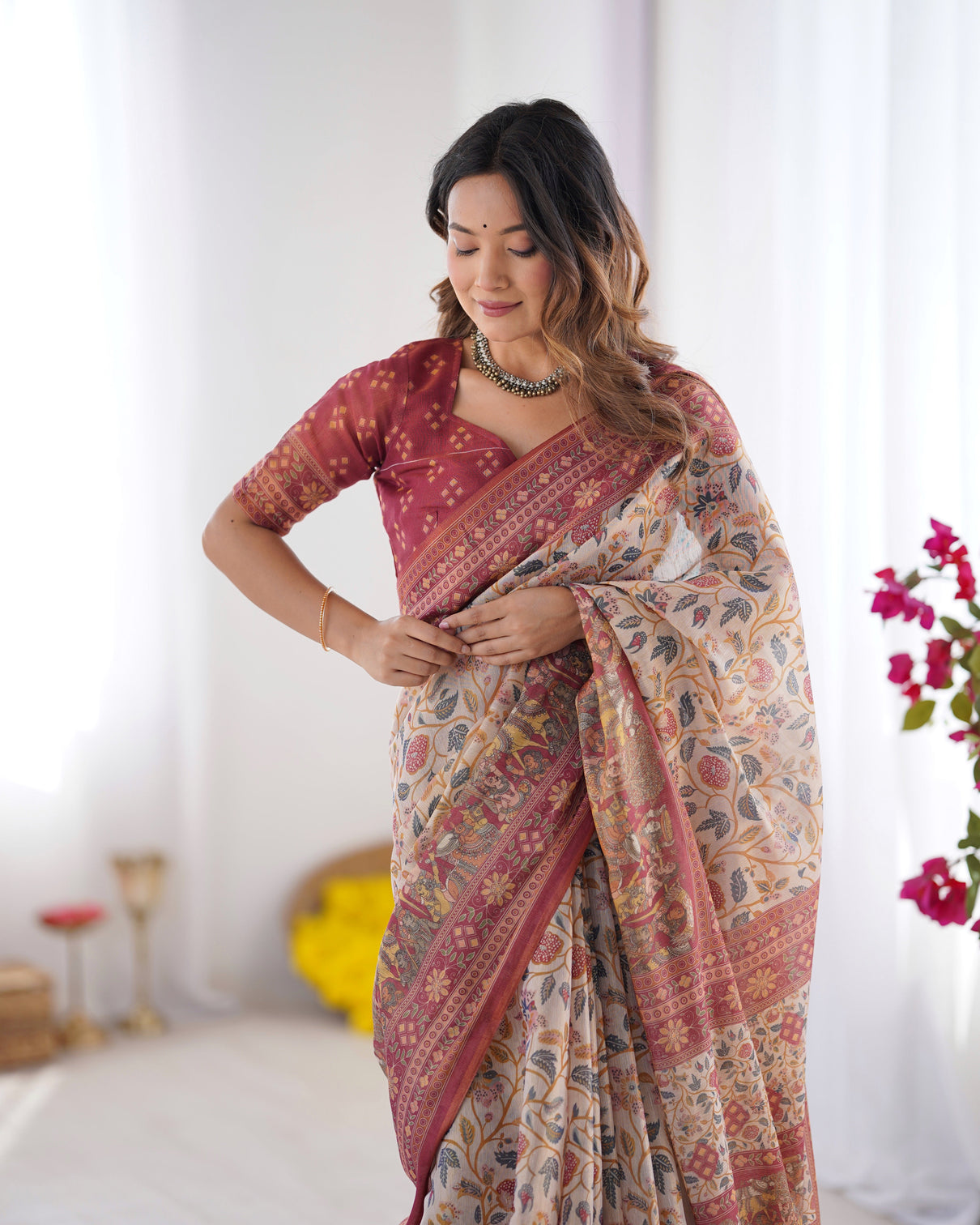 Handloom beige cotton saree with maroon blouse pomegranate floral print village tale pallu