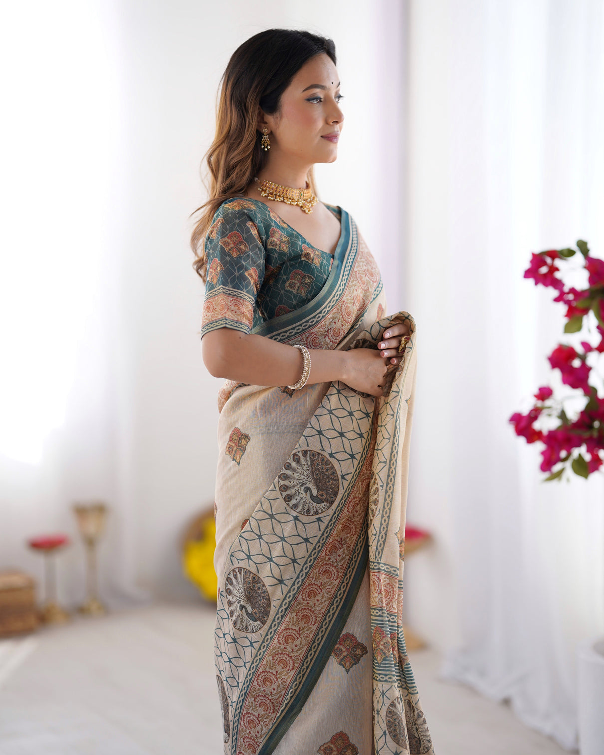 Ivory teal handloom cotton saree with buti print mandala motifs peacock pallu