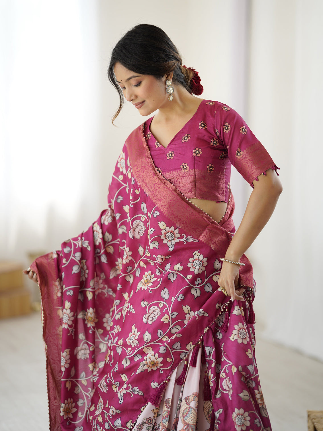 Magenta pink kalamkari lehenga with matching floral dupatta