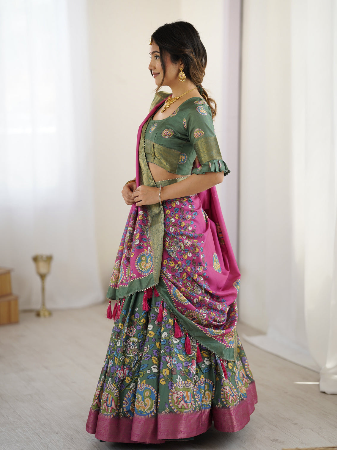 Green pink kalamkari tussar silk lehenga with zari border tassel dupatta festive wedding wear