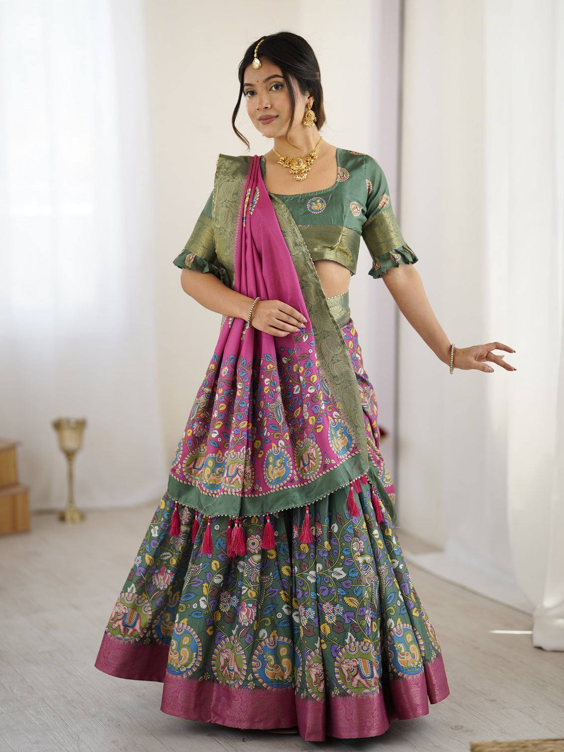 Green pink kalamkari tussar silk lehenga with zari border tassel dupatta festive wedding wear