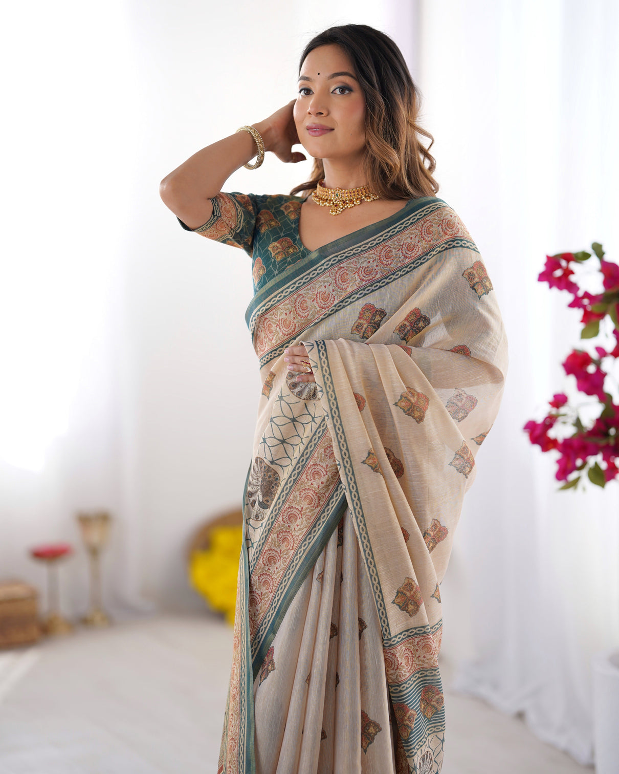 Ivory teal handloom cotton saree with buti print mandala motifs peacock pallu