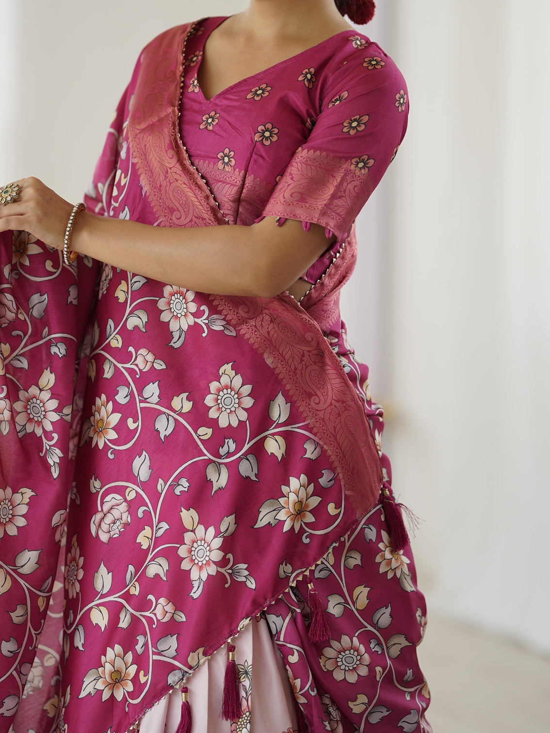 Magenta pink kalamkari lehenga with matching floral dupatta