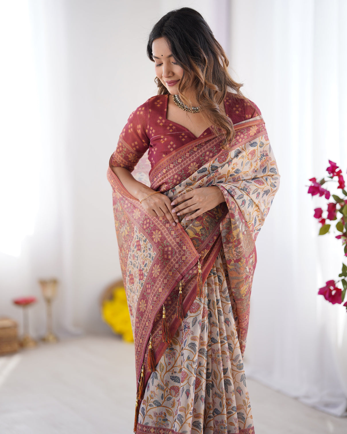 Handloom beige cotton saree with maroon blouse pomegranate floral print village tale pallu