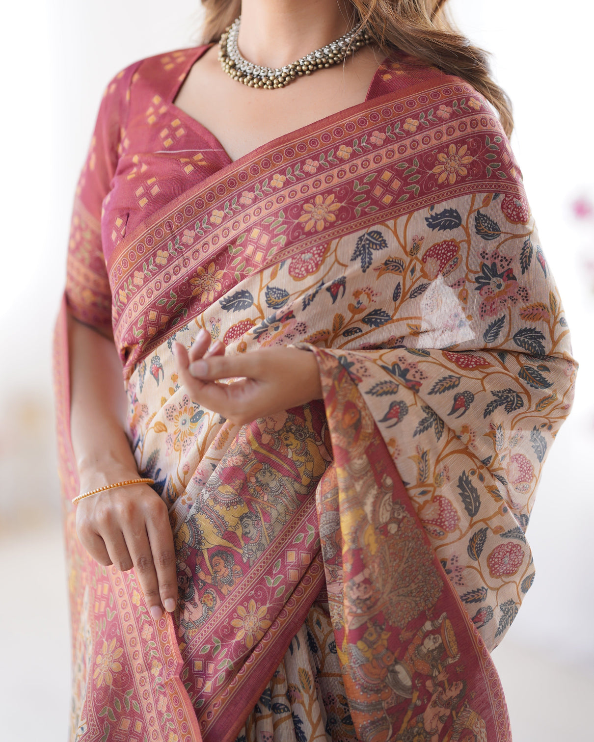 Handloom beige cotton saree with maroon blouse pomegranate floral print village tale pallu