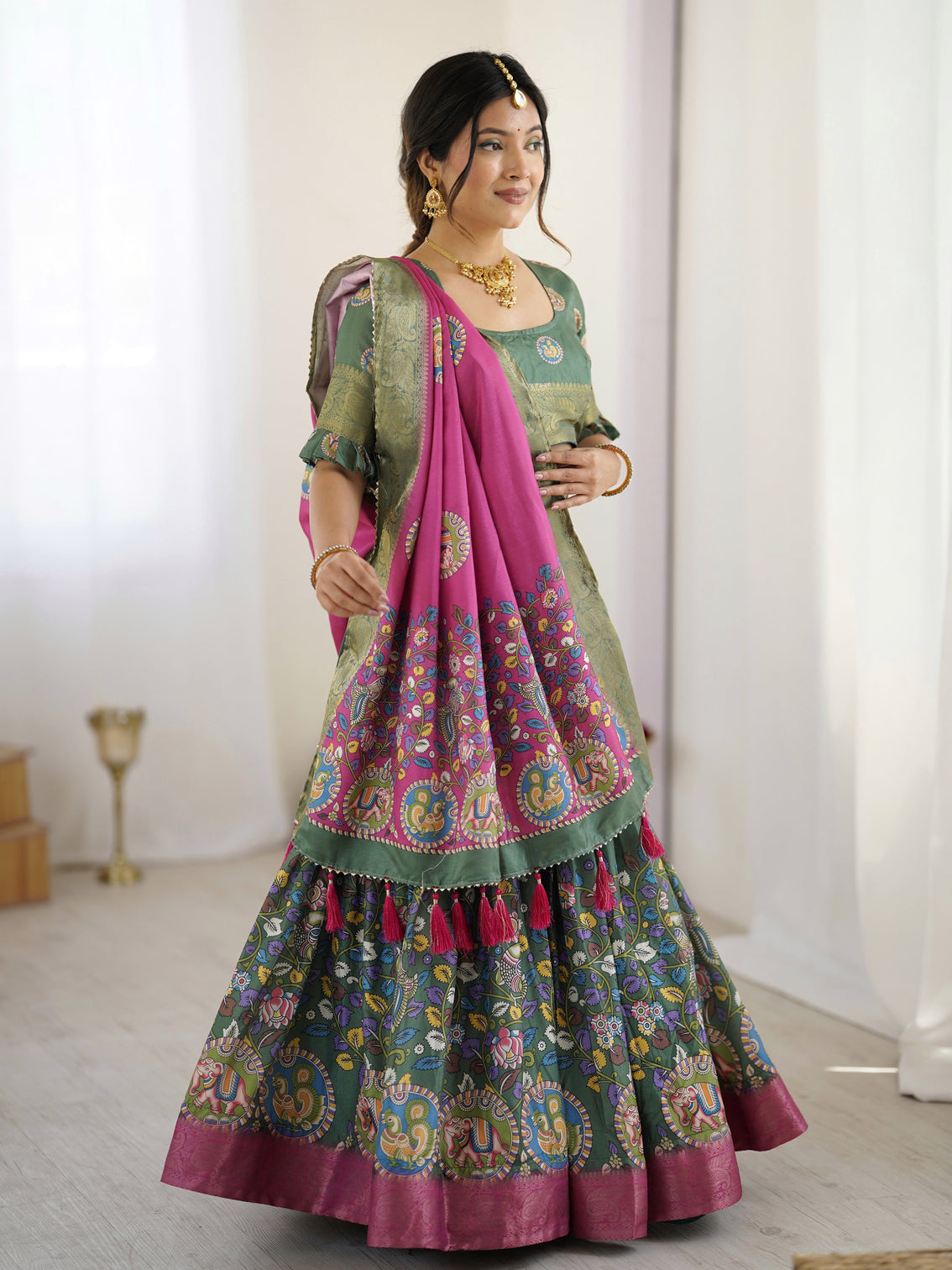 Green pink kalamkari tussar silk lehenga with zari border tassel dupatta festive wedding wear
