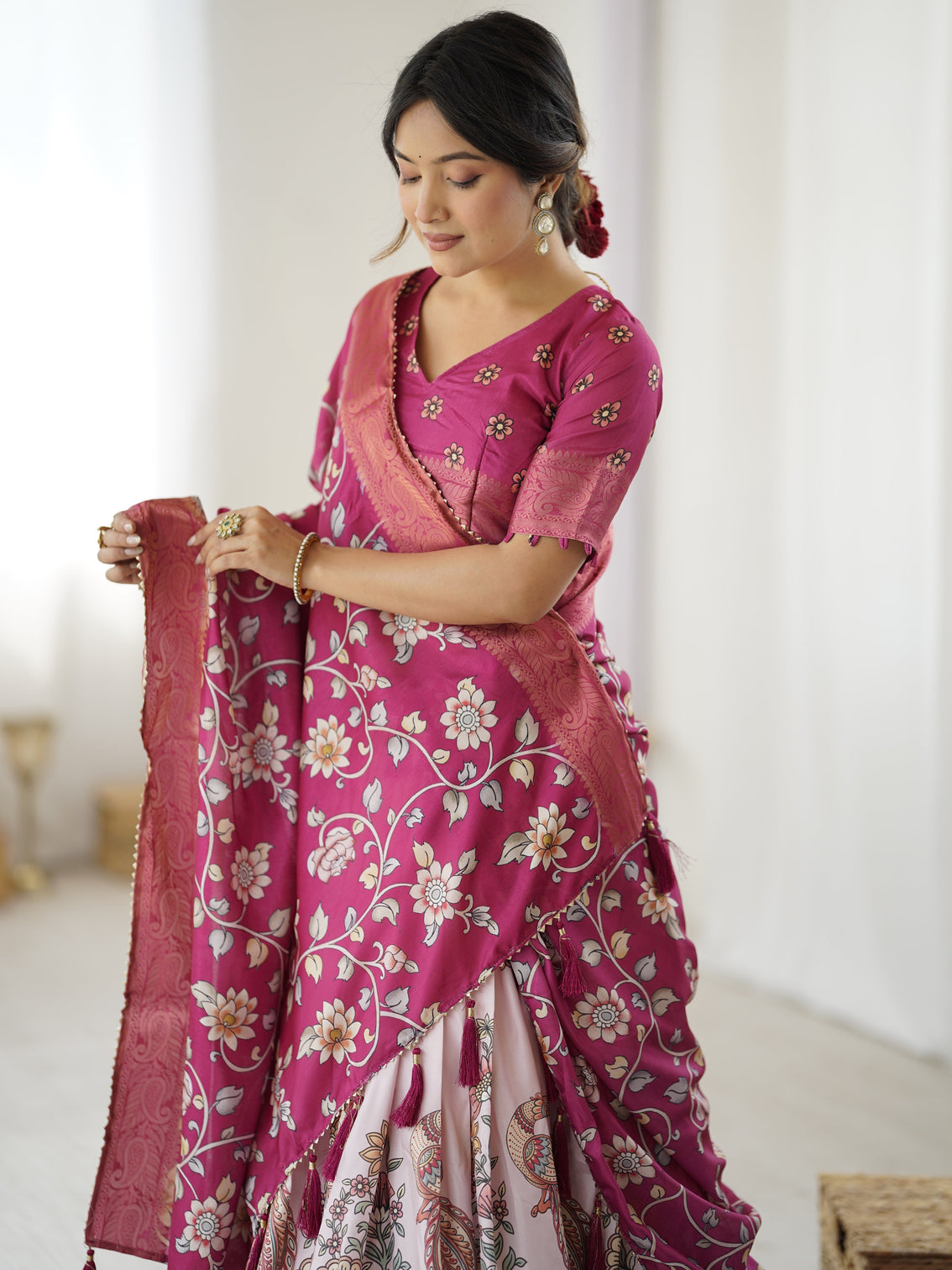 Magenta pink kalamkari lehenga with matching floral dupatta