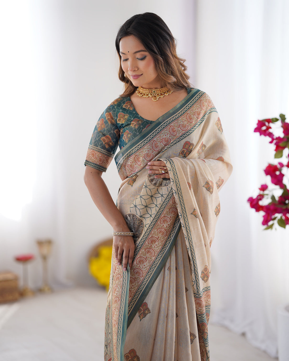 Ivory teal handloom cotton saree with buti print mandala motifs peacock pallu
