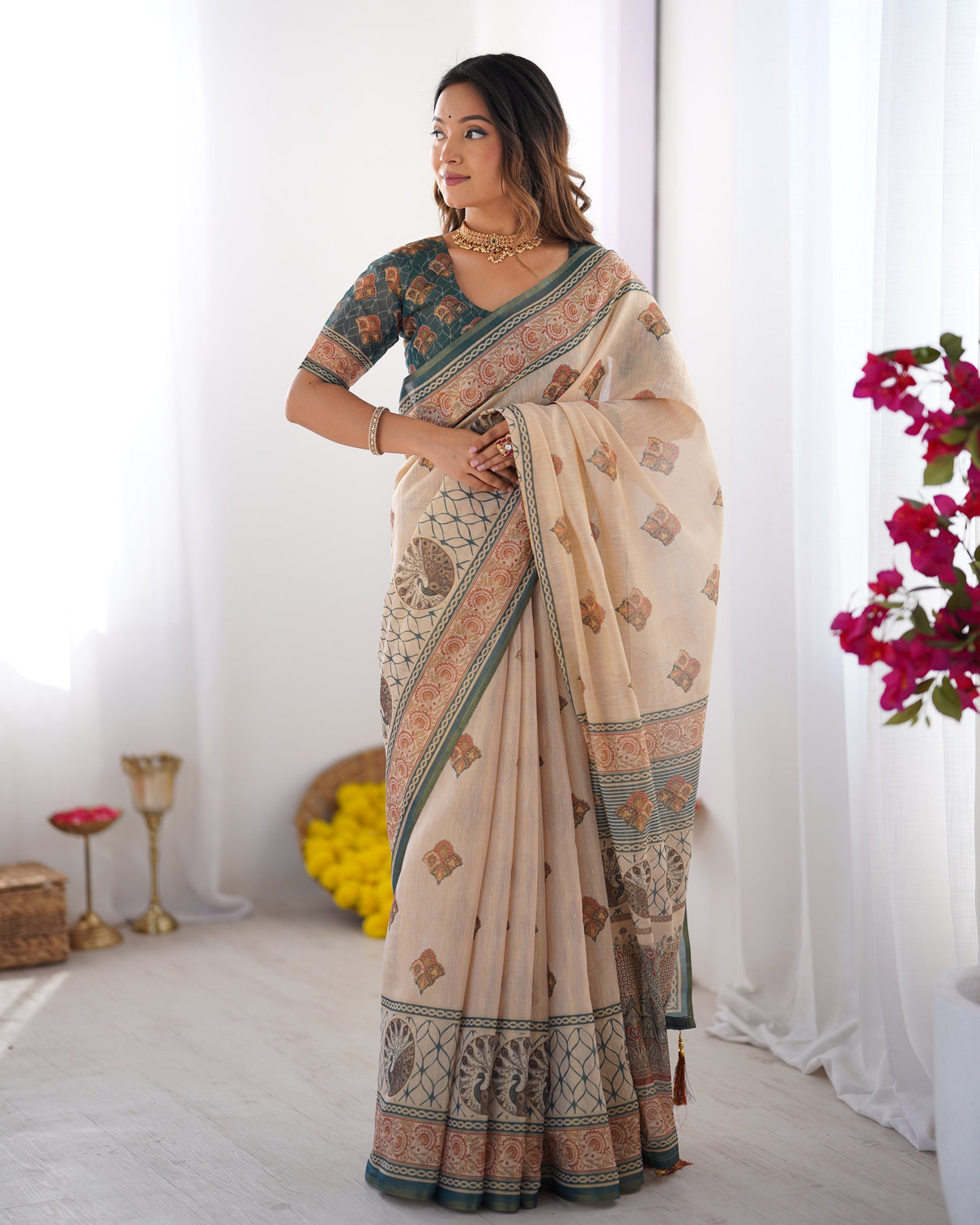 Ivory teal handloom cotton saree with buti print mandala motifs peacock pallu