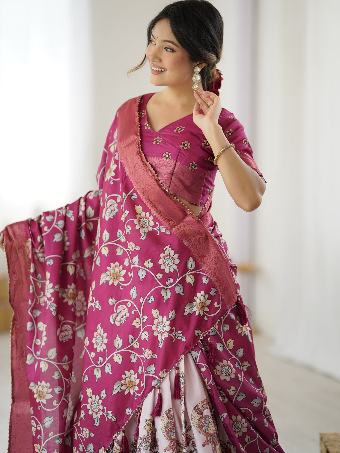 Magenta pink kalamkari lehenga with matching floral dupatta