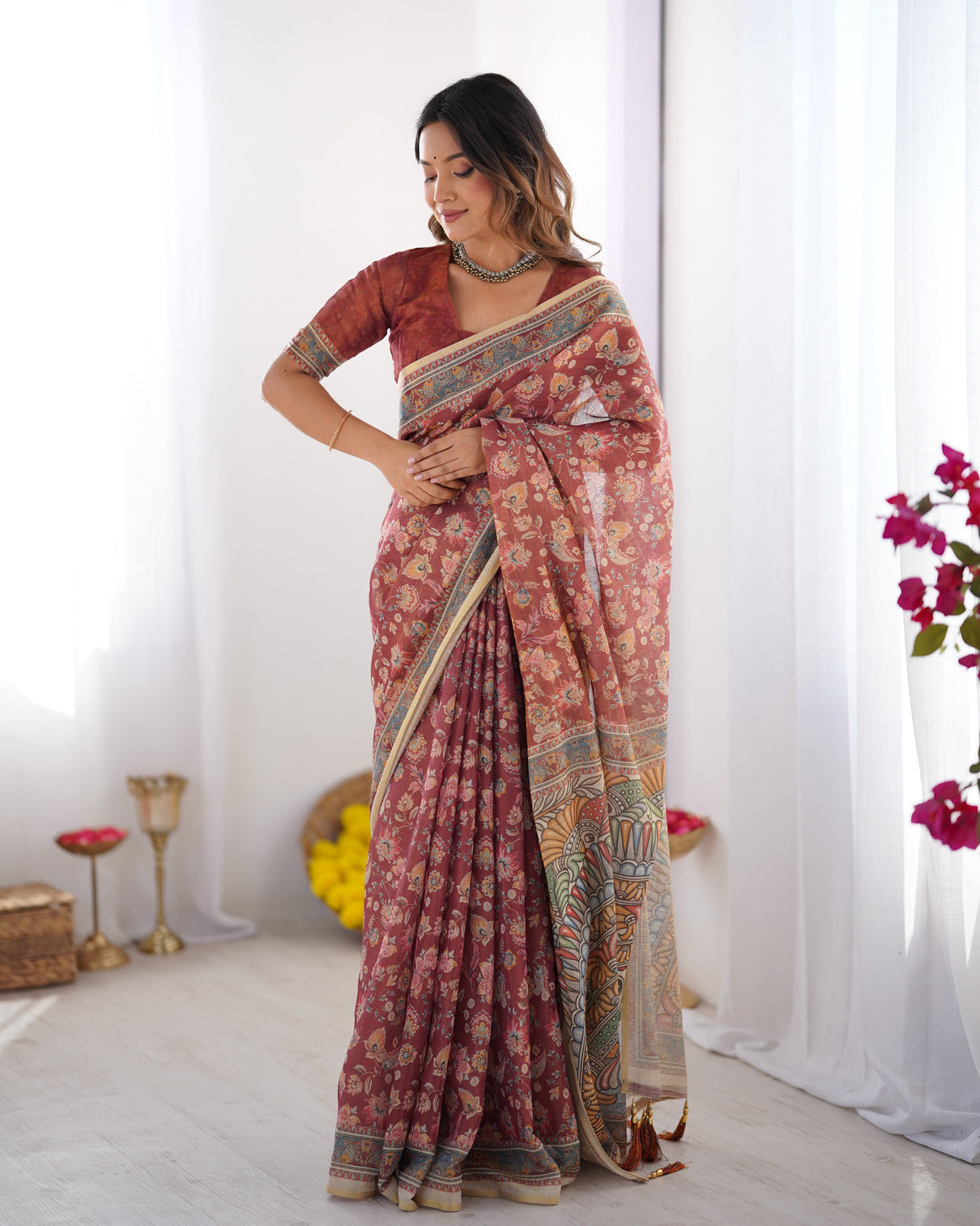 Rust maroon handloom cotton saree with floral jaal multicolor mandala pallu art