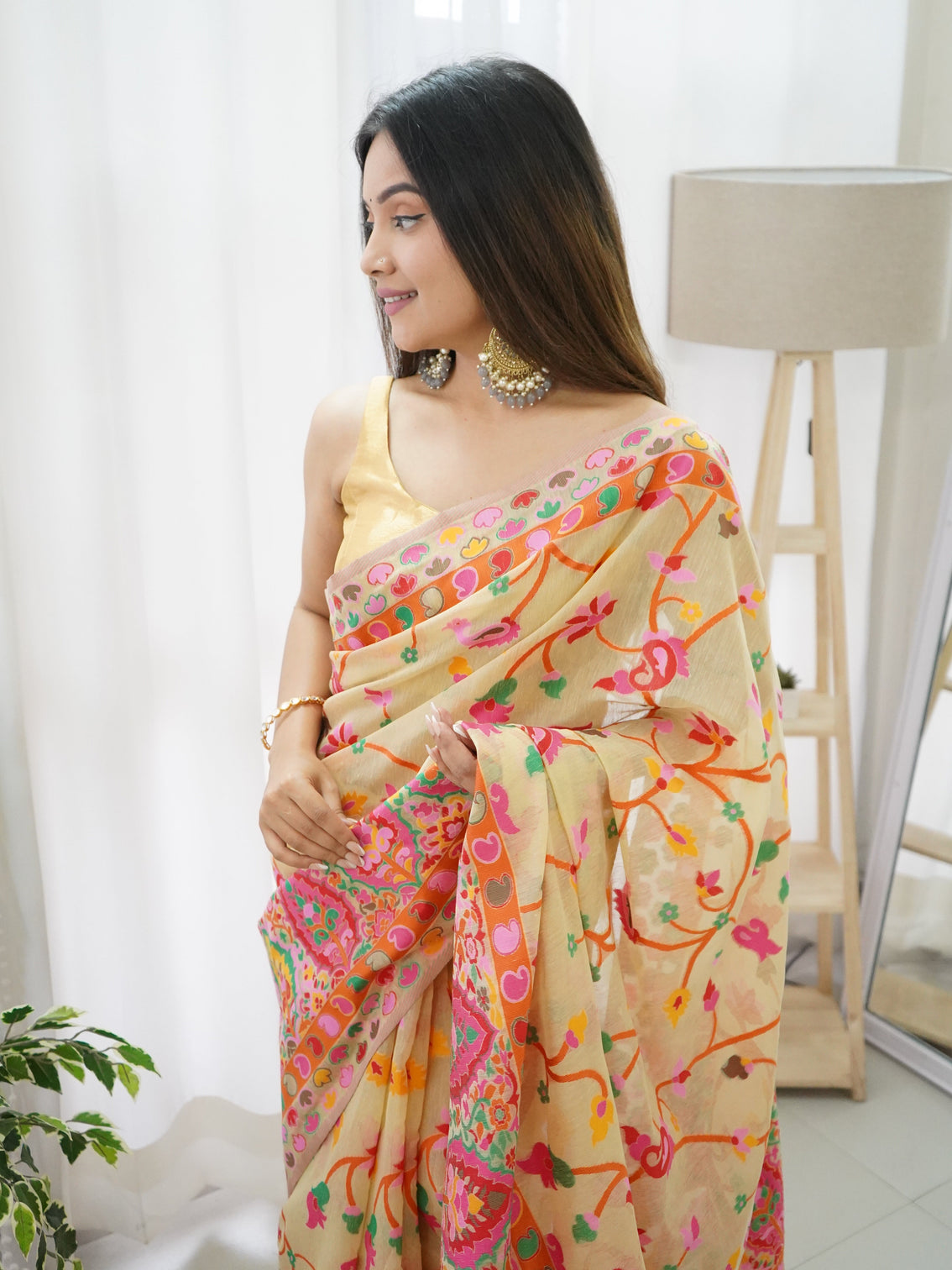 Kashmiri pashmina cotton kachhi work multi thrade saree