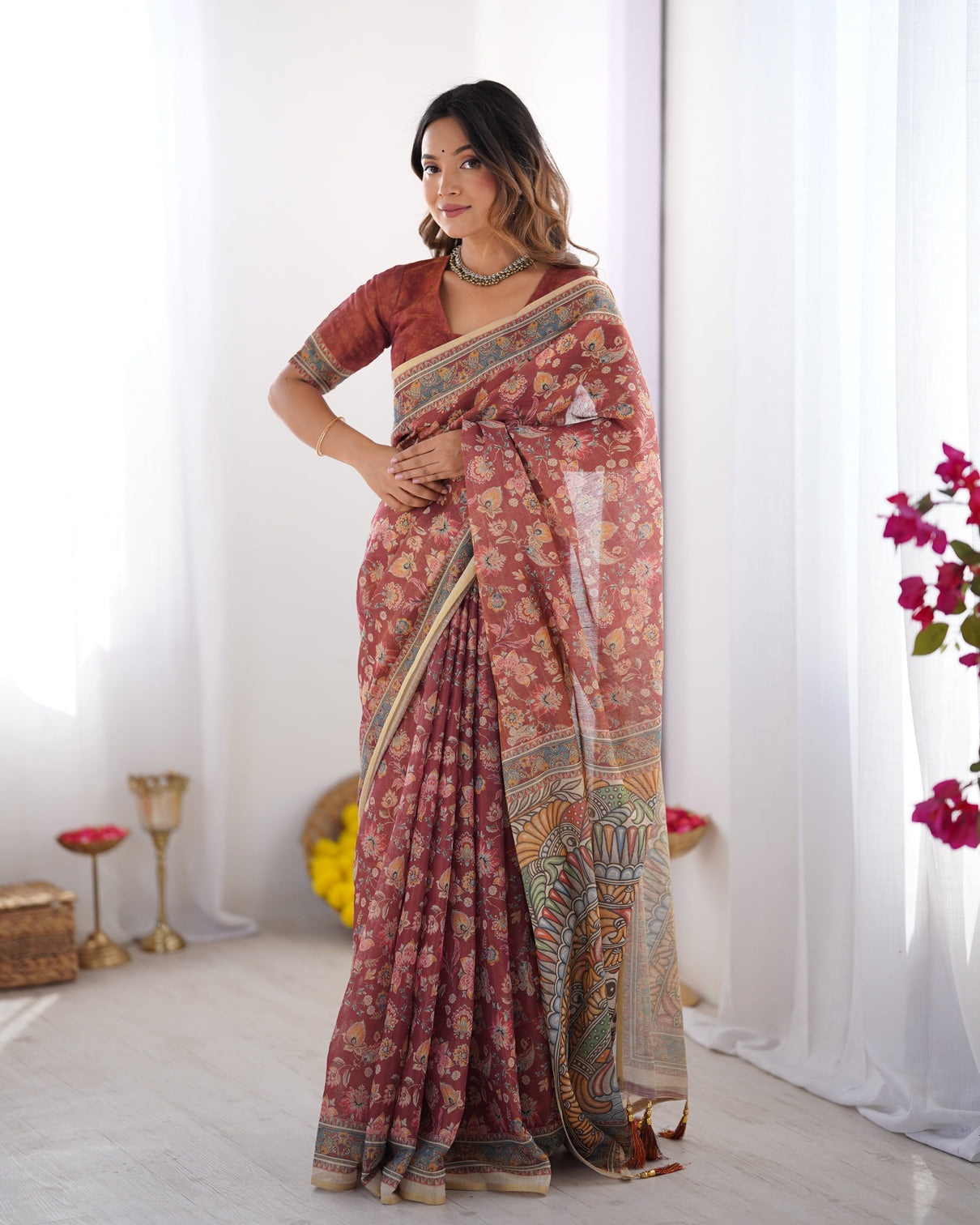 Rust maroon handloom cotton saree with floral jaal multicolor mandala pallu art mameraa