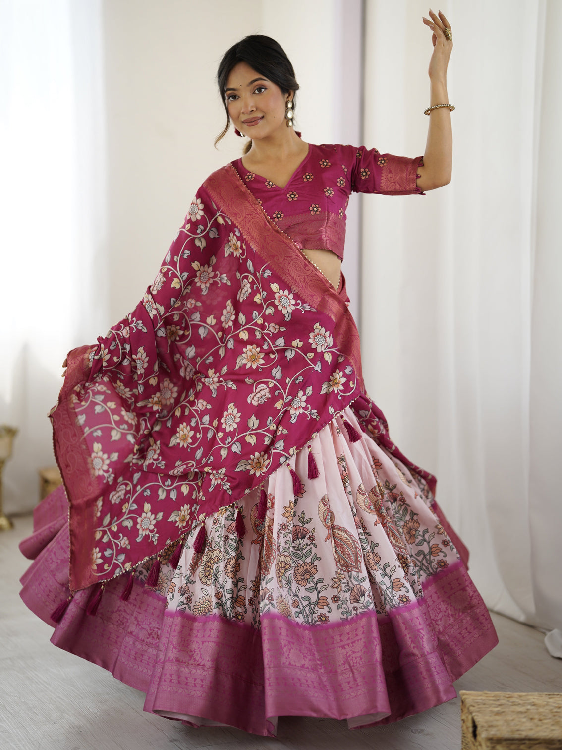 Magenta pink kalamkari lehenga with matching floral dupatta mameraa