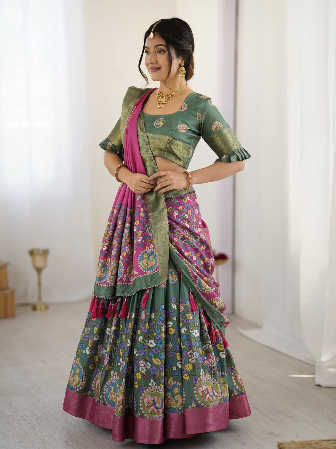 Green pink kalamkari tussar silk lehenga with zari border tassel dupatta festive wedding wear