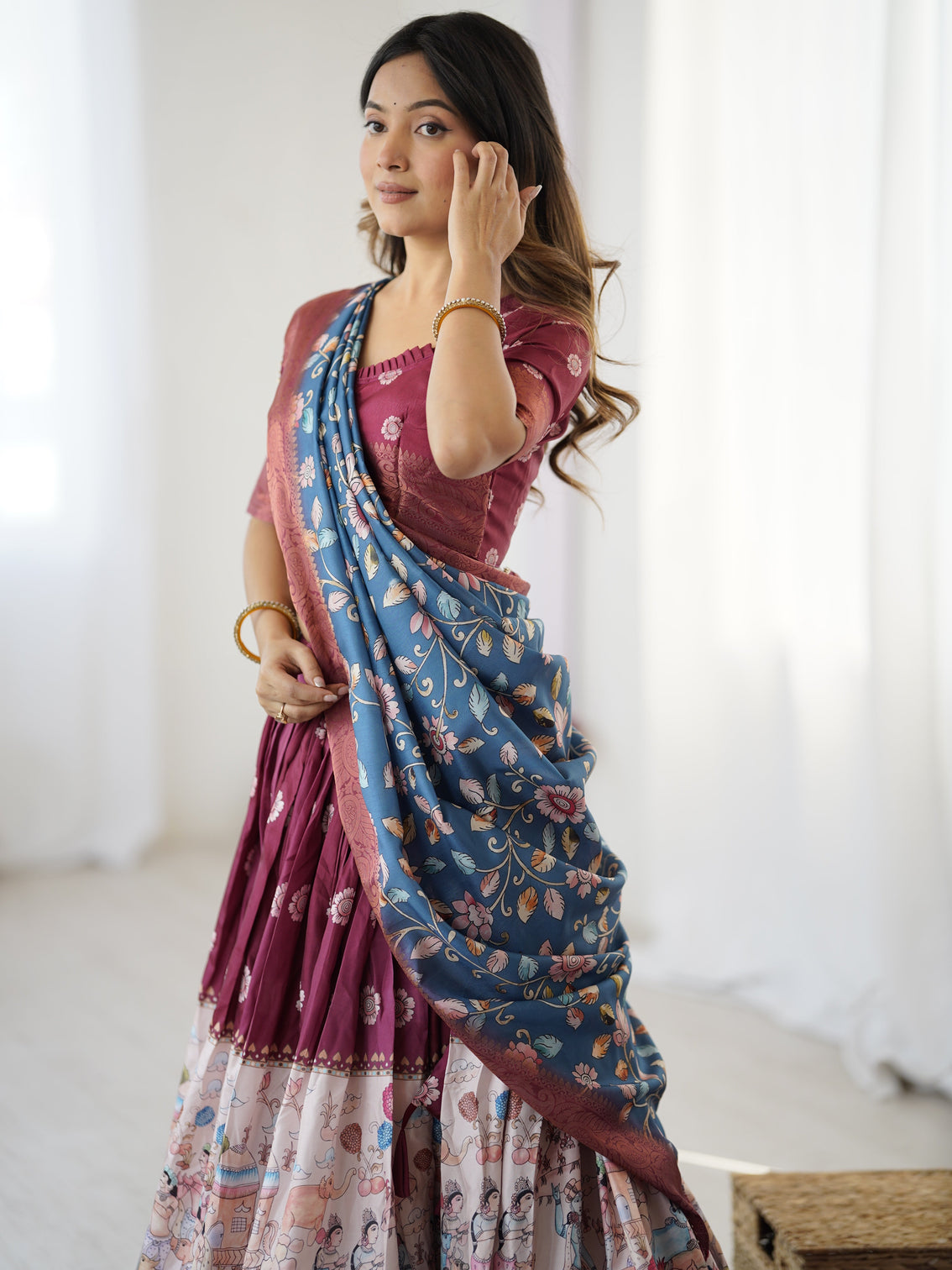 Wine maroon kalamkari lehenga with blue floral dupatta