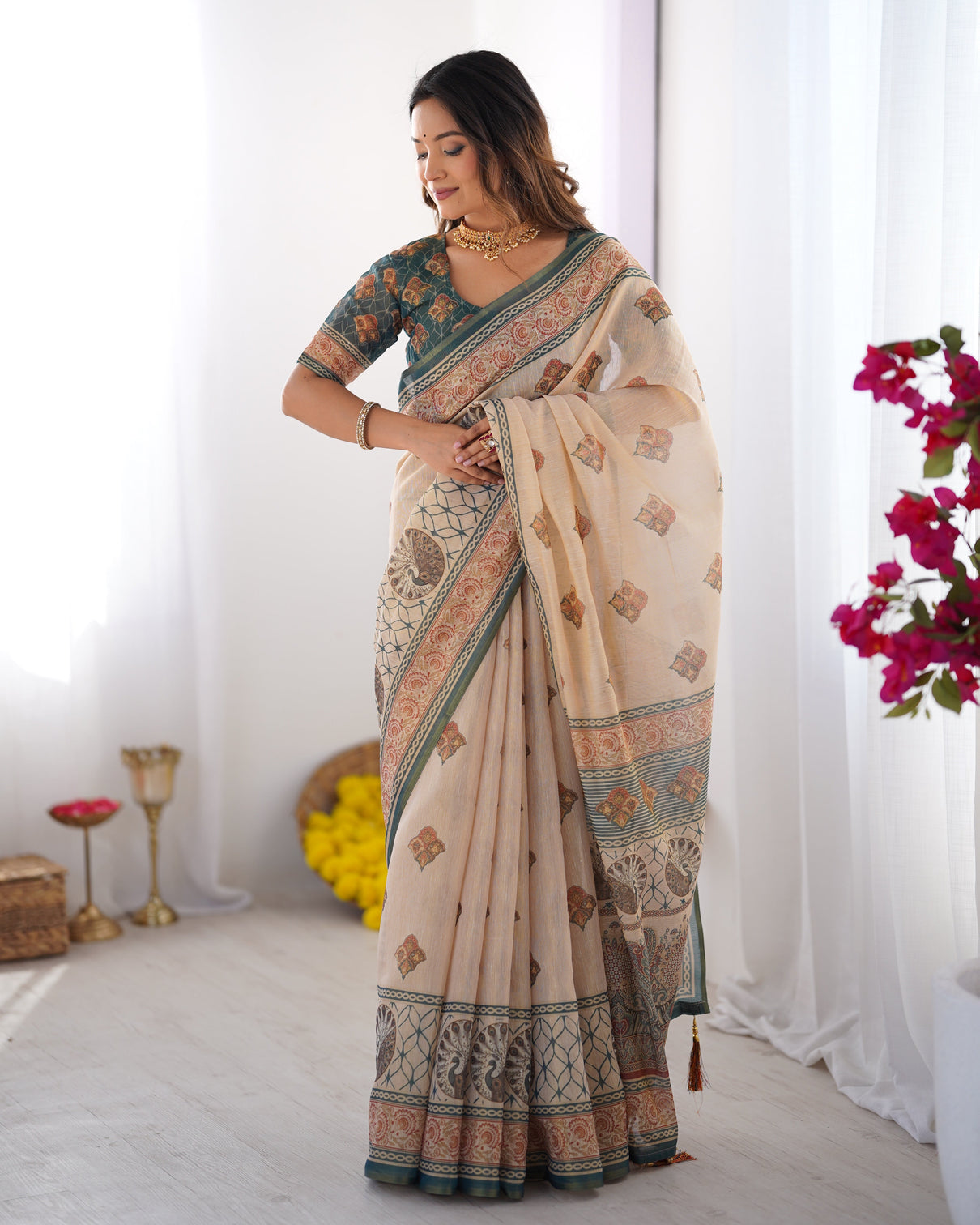 Ivory teal handloom cotton saree with buti print mandala motifs peacock pallu