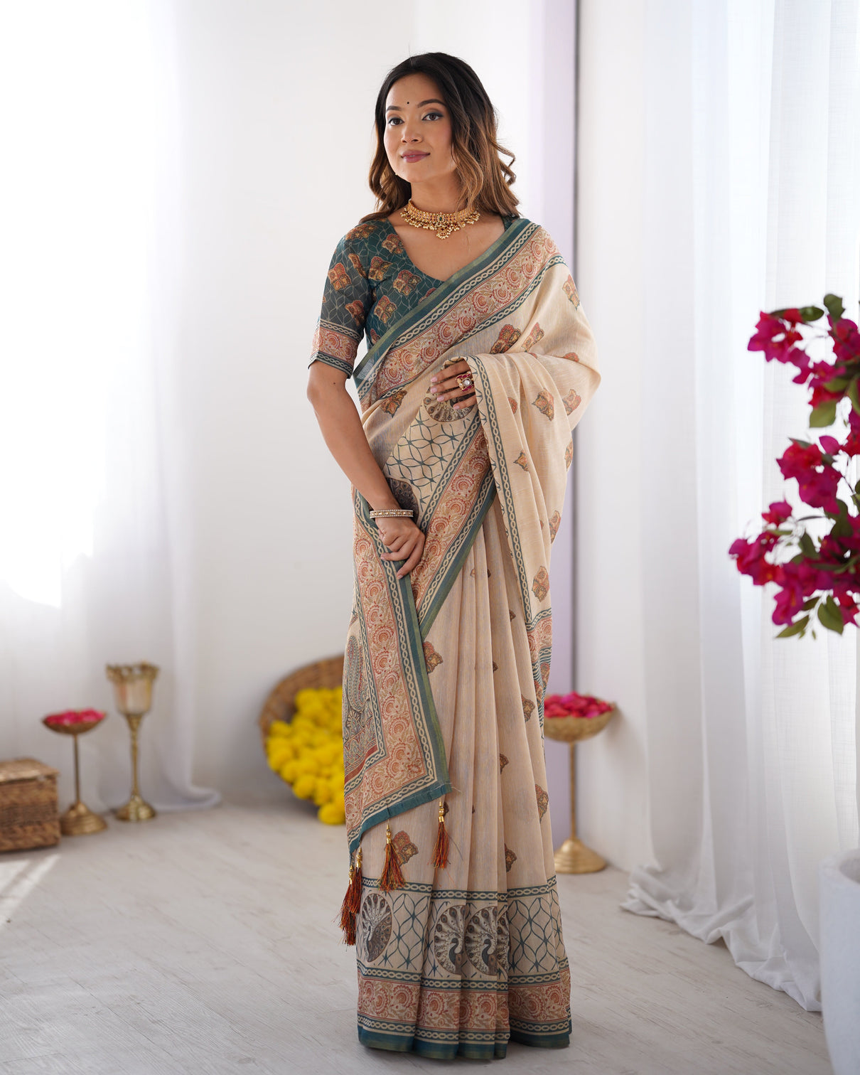 Ivory teal handloom cotton saree with buti print mandala motifs peacock pallu mameraa
