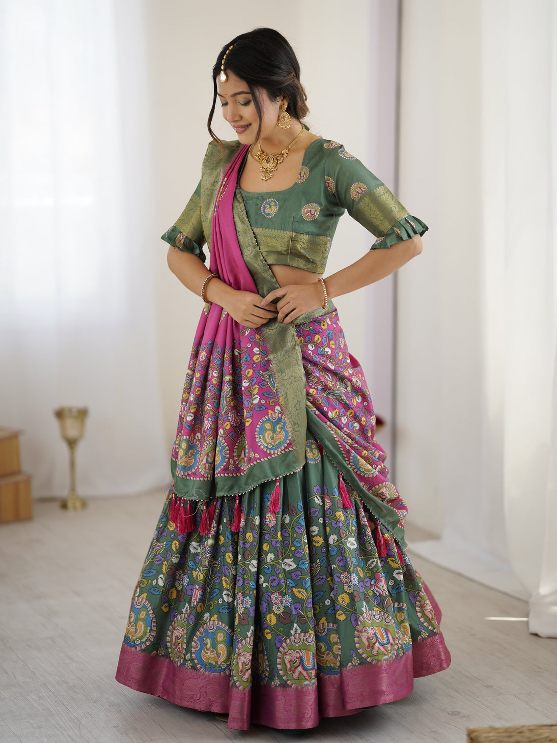 Green pink kalamkari tussar silk lehenga with zari border tassel dupatta festive wedding wear