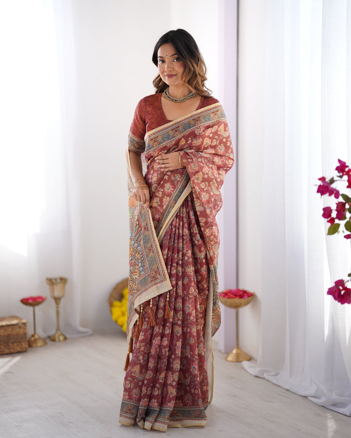 Rust maroon handloom cotton saree with floral jaal multicolor mandala pallu art