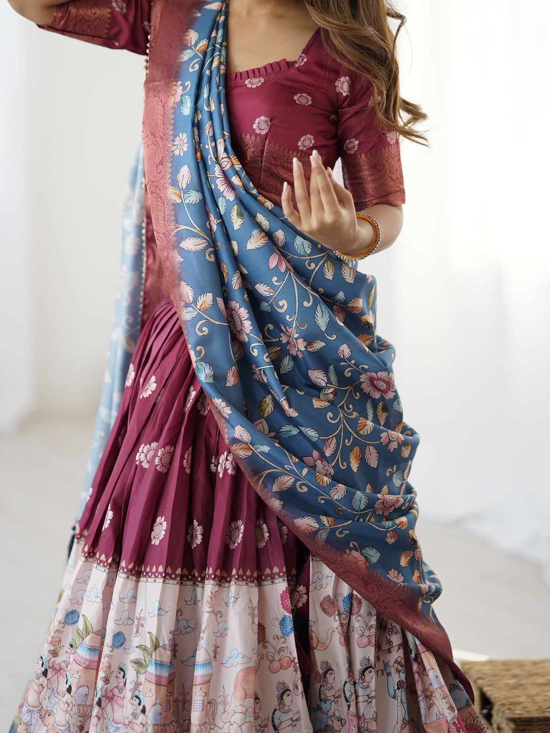 Wine maroon kalamkari lehenga with blue floral dupatta