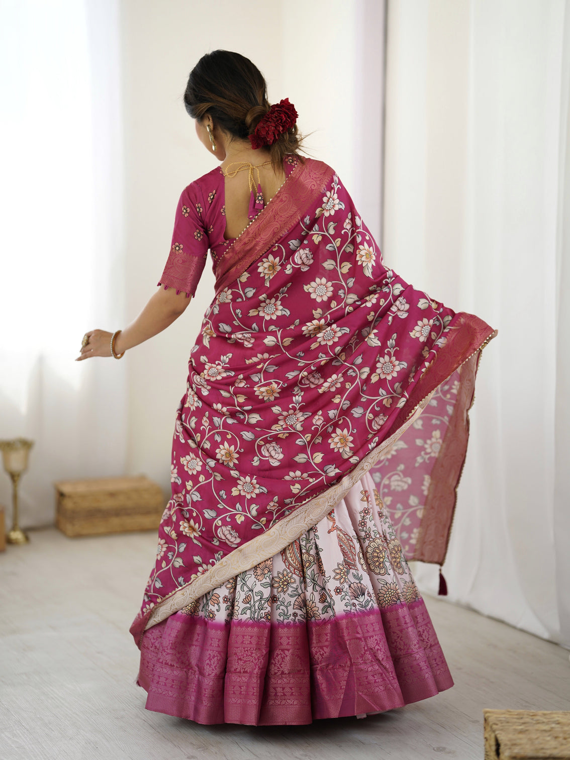 Magenta pink kalamkari lehenga with matching floral dupatta