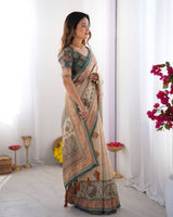 Ivory & Teal Handloom Cotton Saree with Buti Print, Mandala Motifs & Peacock Pallu