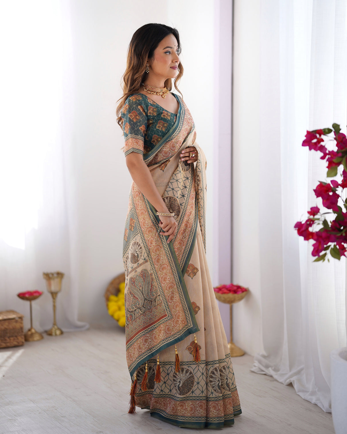 Ivory teal handloom cotton saree with buti print mandala motifs peacock pallu