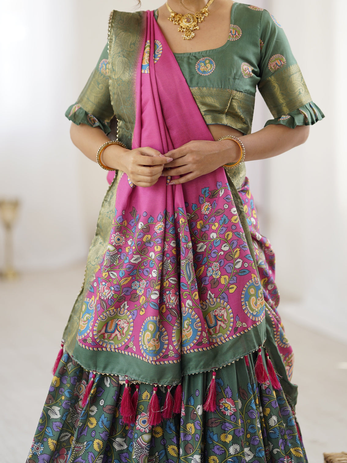 Green pink kalamkari tussar silk lehenga with zari border tassel dupatta festive wedding wear