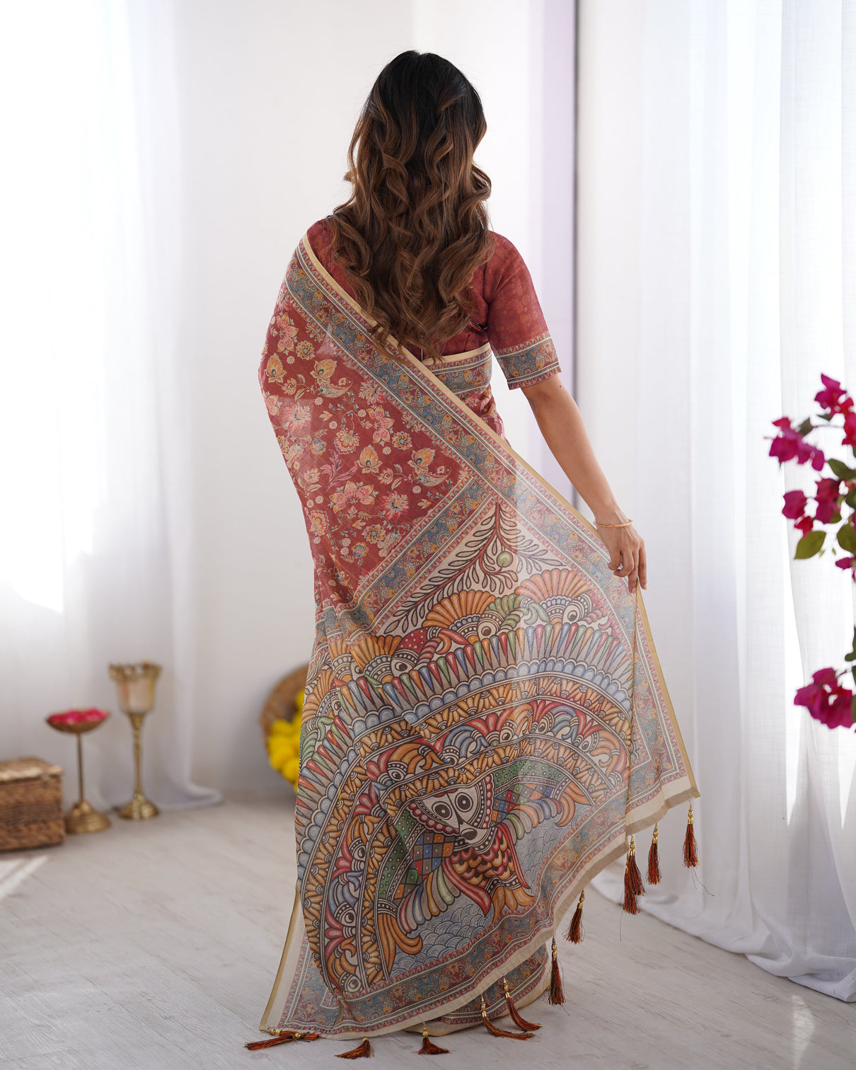 Rust maroon handloom cotton saree with floral jaal multicolor mandala pallu art