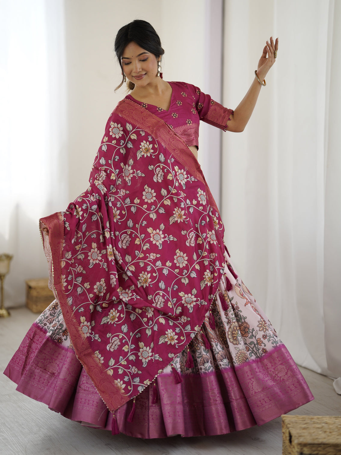 Magenta pink kalamkari lehenga with matching floral dupatta