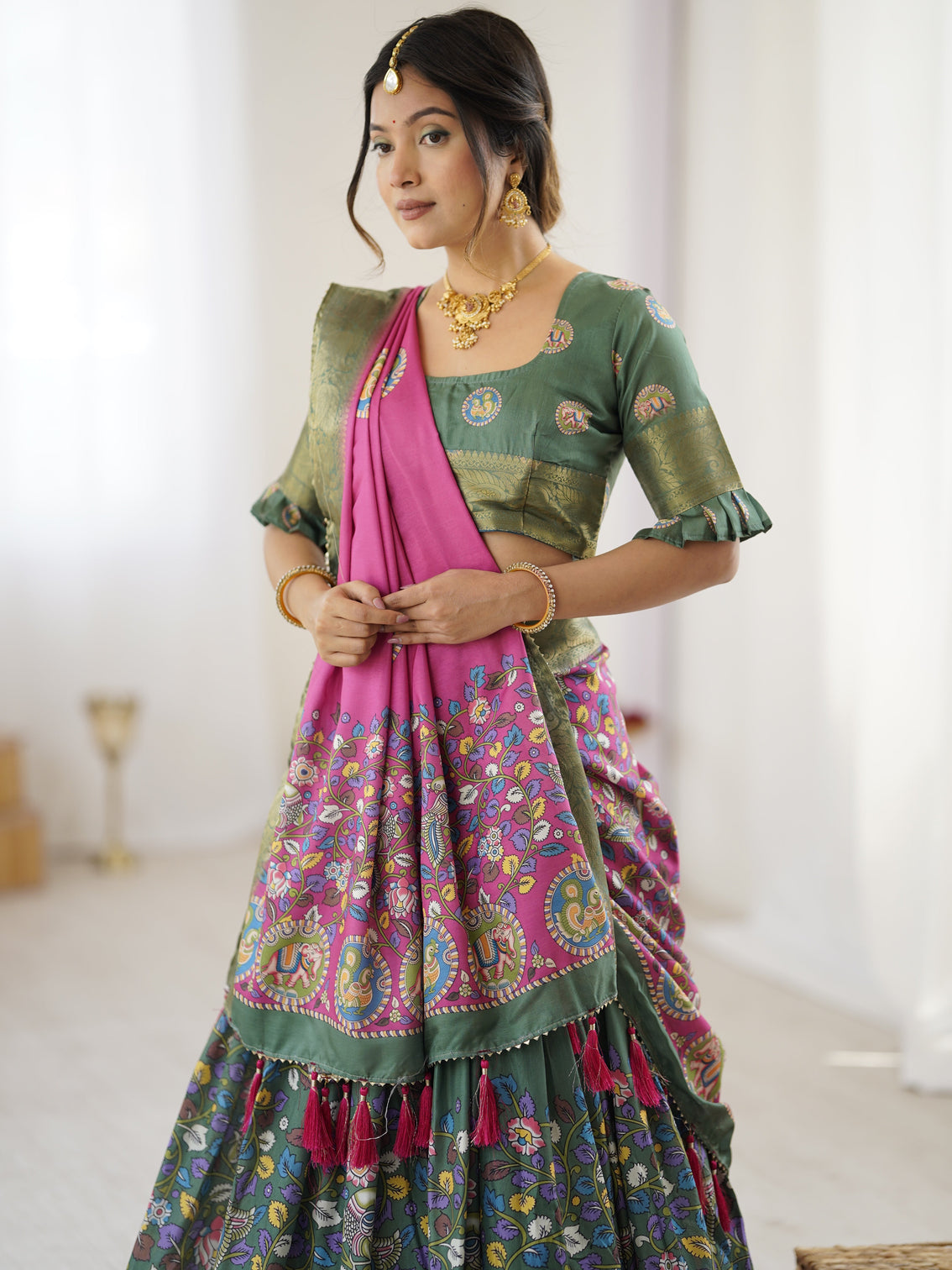 Green pink kalamkari tussar silk lehenga with zari border tassel dupatta festive wedding wear