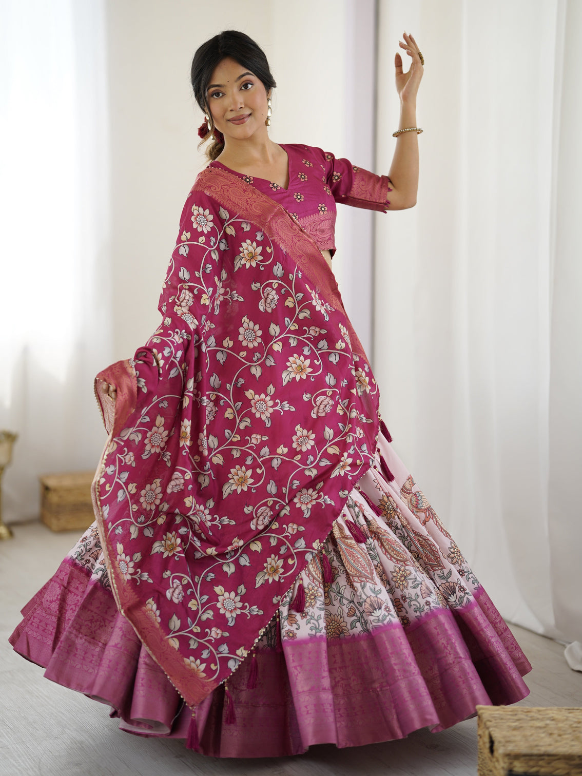 Magenta pink kalamkari lehenga with matching floral dupatta