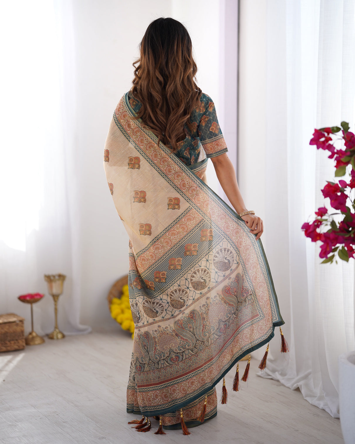 Ivory teal handloom cotton saree with buti print mandala motifs peacock pallu