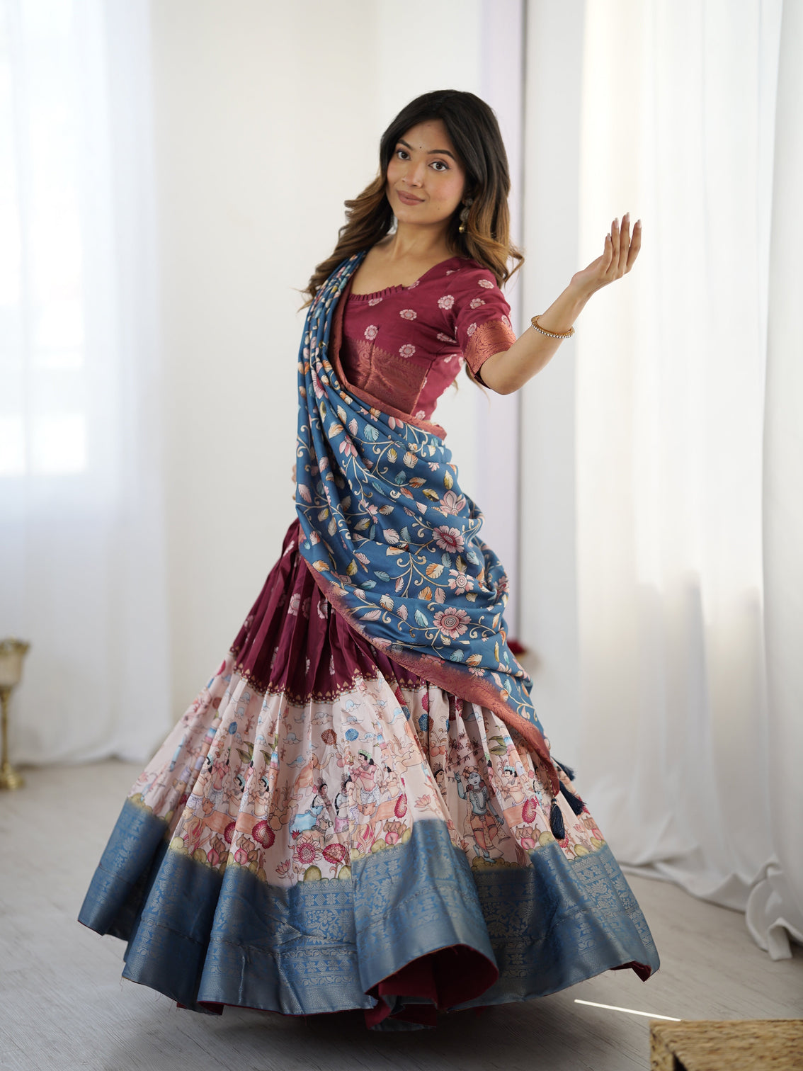 Wine maroon kalamkari lehenga with blue floral dupatta