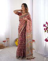 Rust Maroon Handloom Cotton Saree with Floral Jaal & Multicolor Mandala Pallu Art