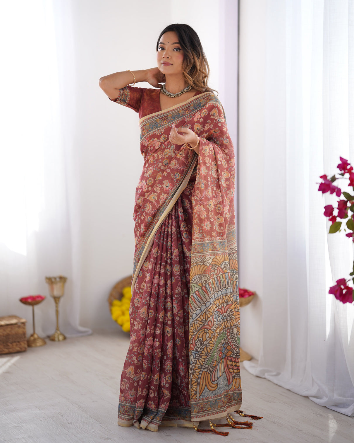 Rust maroon handloom cotton saree with floral jaal multicolor mandala pallu art