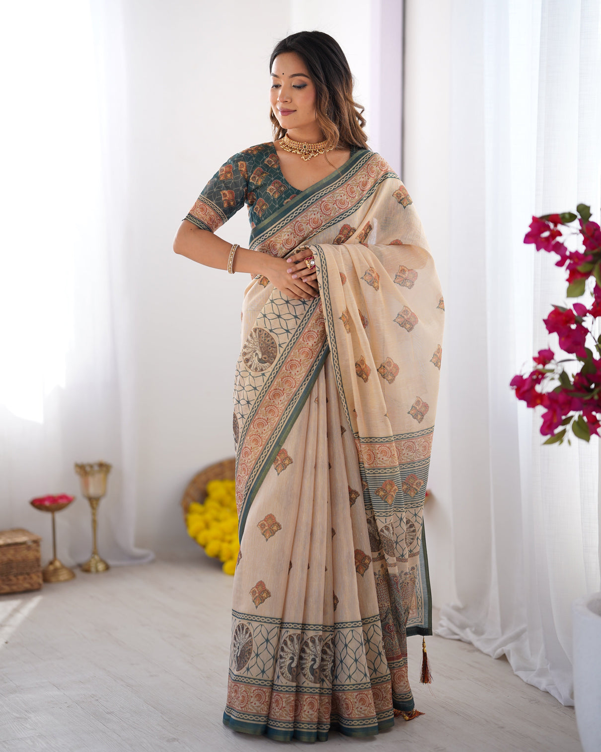 Ivory teal handloom cotton saree with buti print mandala motifs peacock pallu