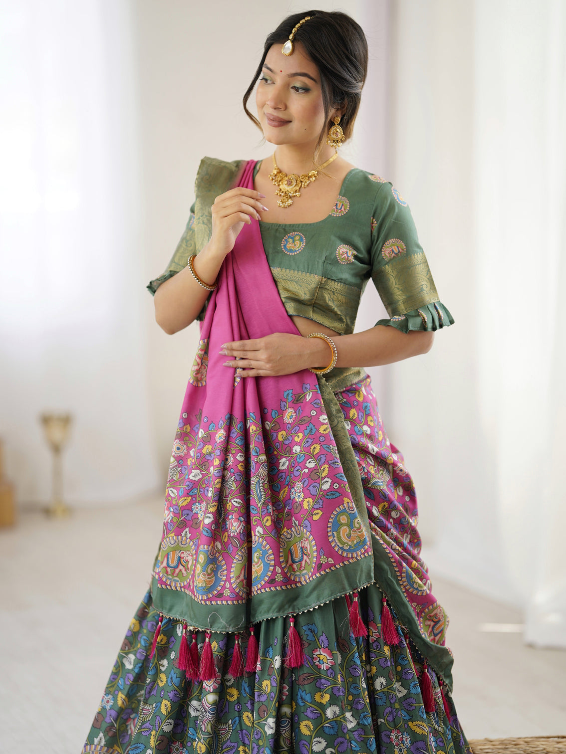 Green pink kalamkari tussar silk lehenga with zari border tassel dupatta festive wedding wear